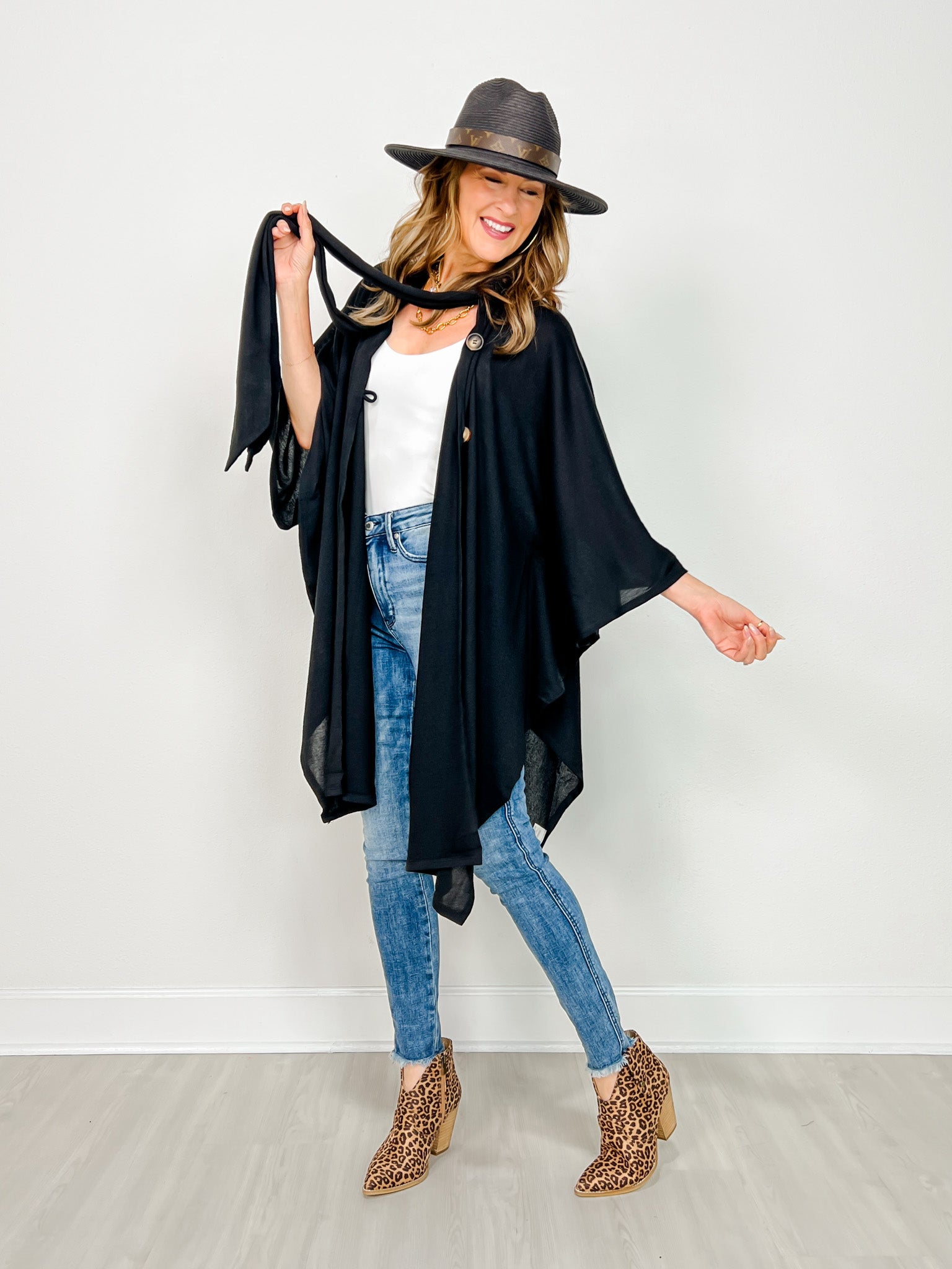 Flowy Button Detail Poncho Top in Black