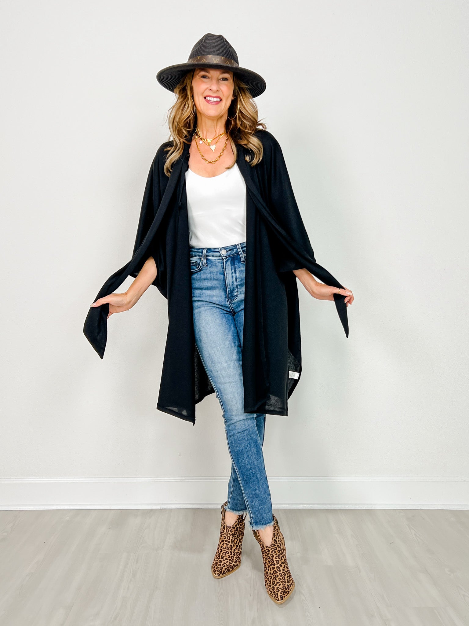 Flowy Button Detail Poncho Top in Black