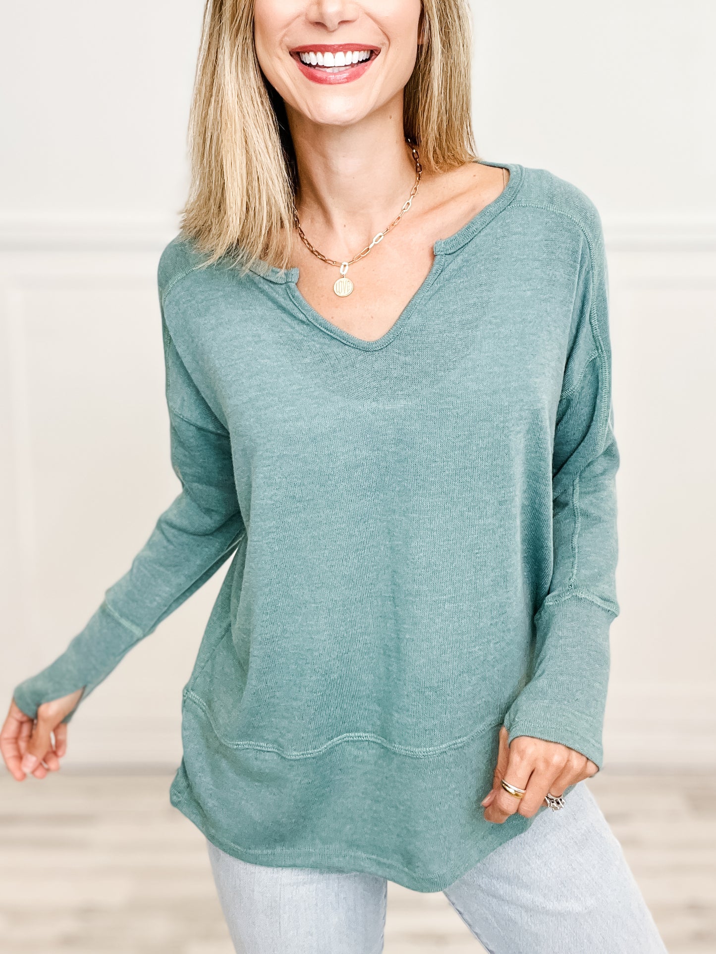 Long Sleeve Split Neckline Top with Thumb Holes