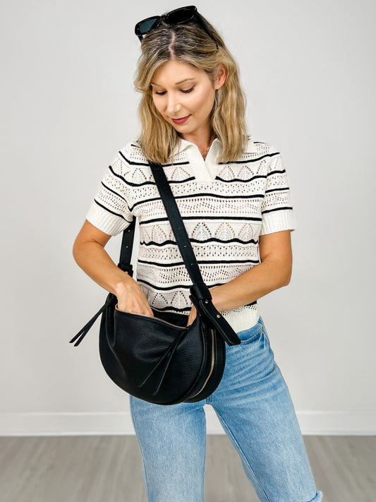 Collared Cropped Openwork Pattern Knit Top