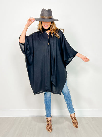 Flowy Button Detail Poncho Top in Black
