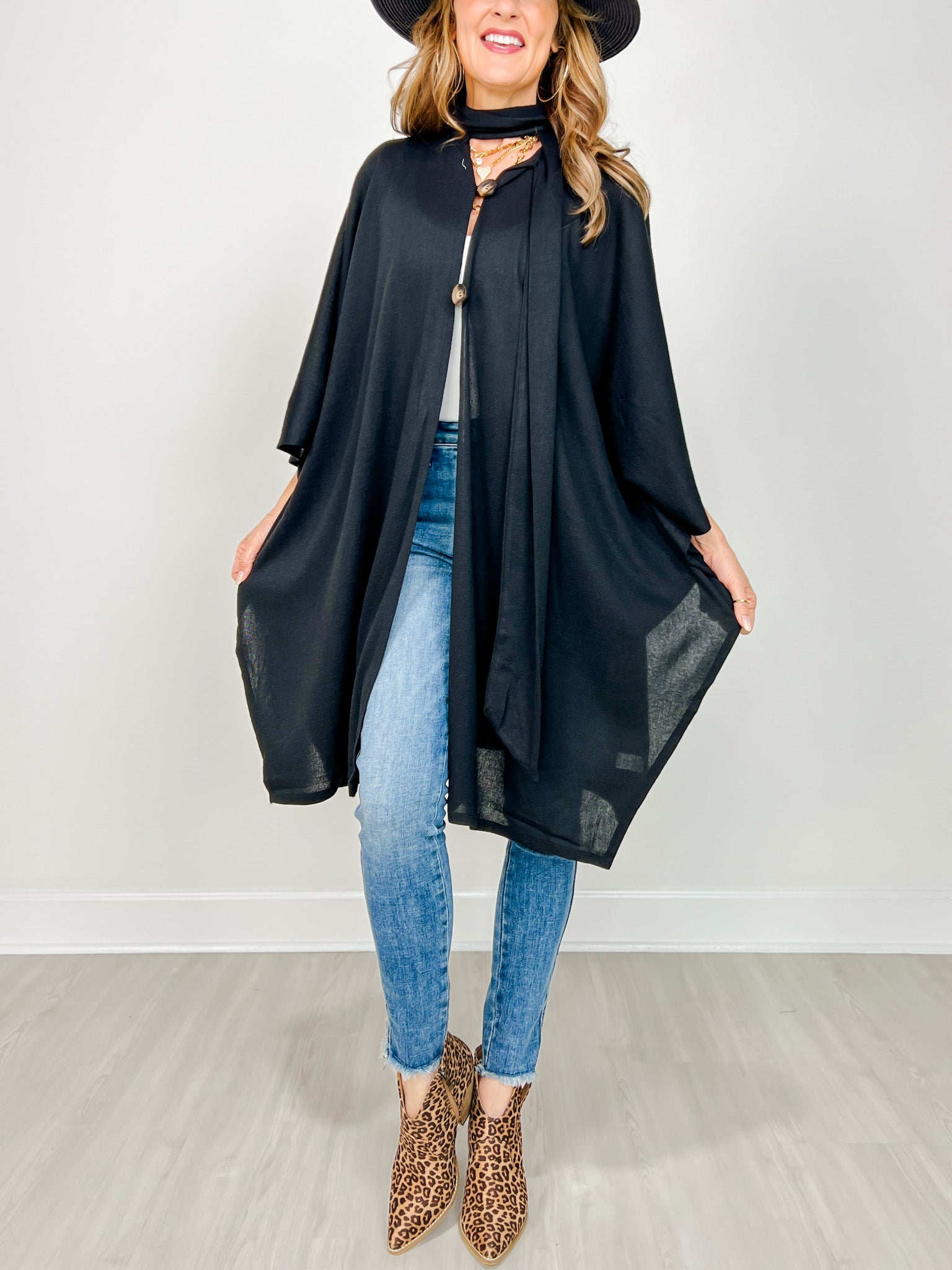 Flowy Button Detail Poncho Top in Black