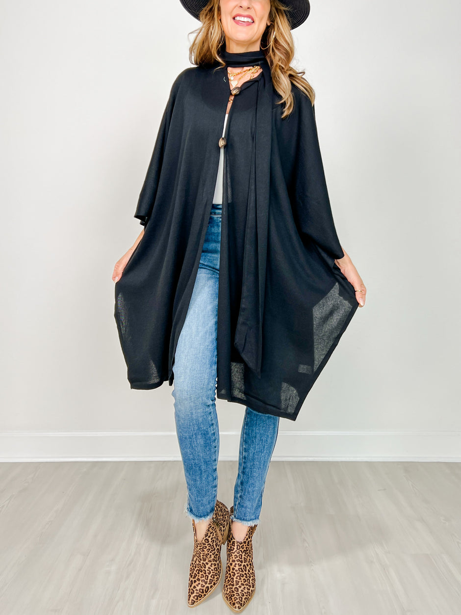 Flowy Button Detail Poncho Top in Black