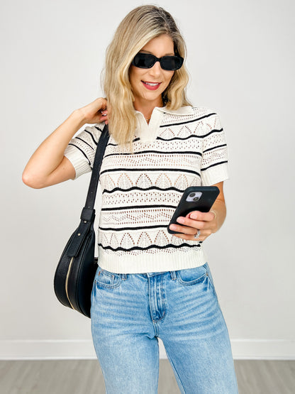 Collared Cropped Openwork Pattern Knit Top