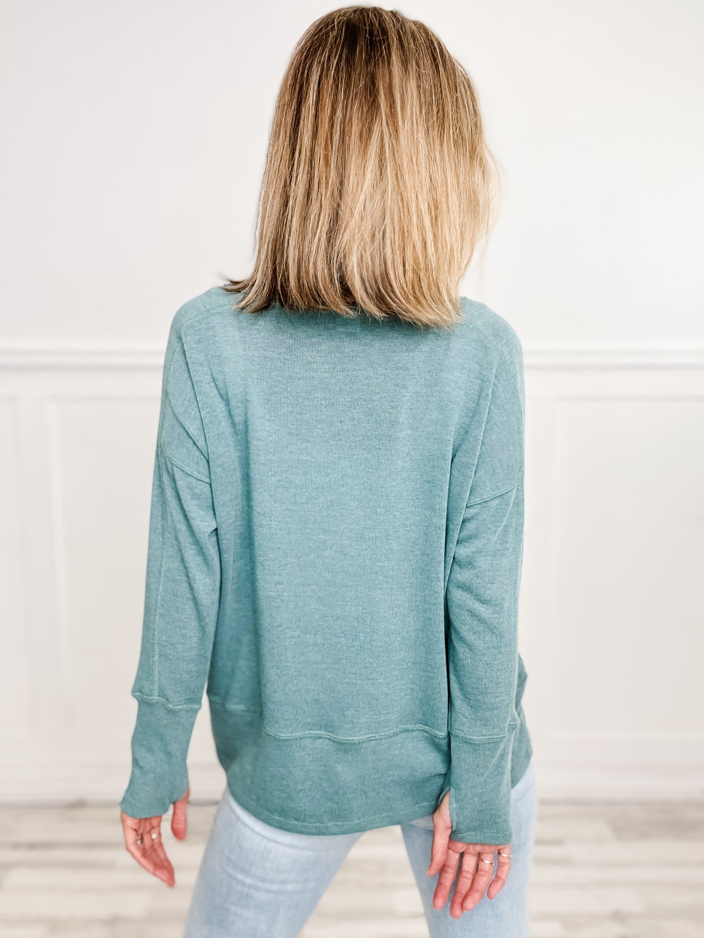 Long Sleeve Split Neckline Top with Thumb Holes