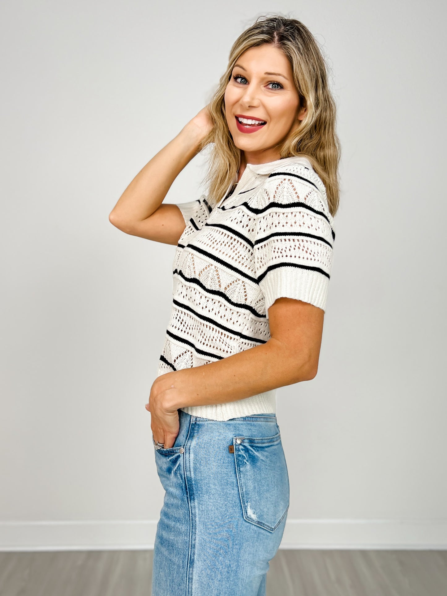Collared Cropped Openwork Pattern Knit Top