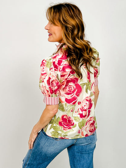 Short Sleeve Ruffled Mock Neck Floral Top