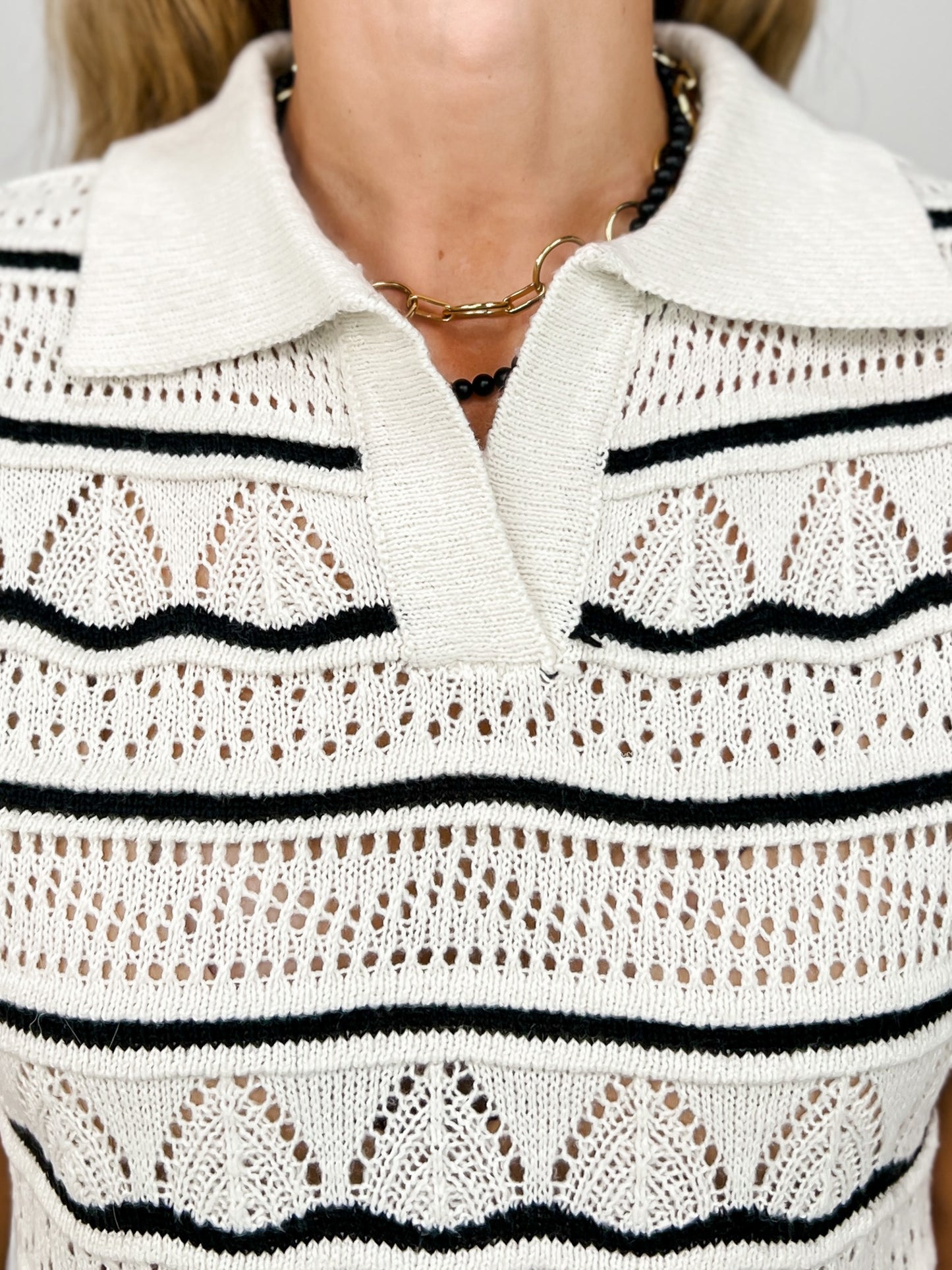 Collared Cropped Openwork Pattern Knit Top