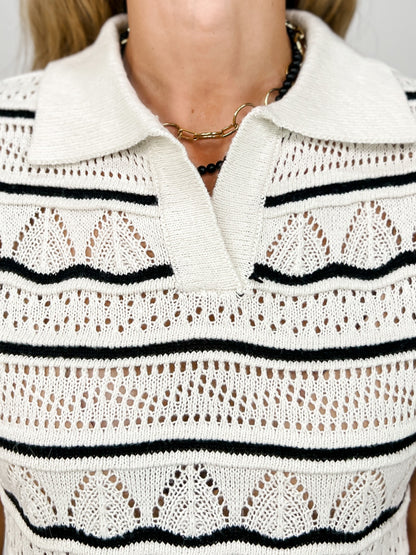 Collared Cropped Openwork Pattern Knit Top