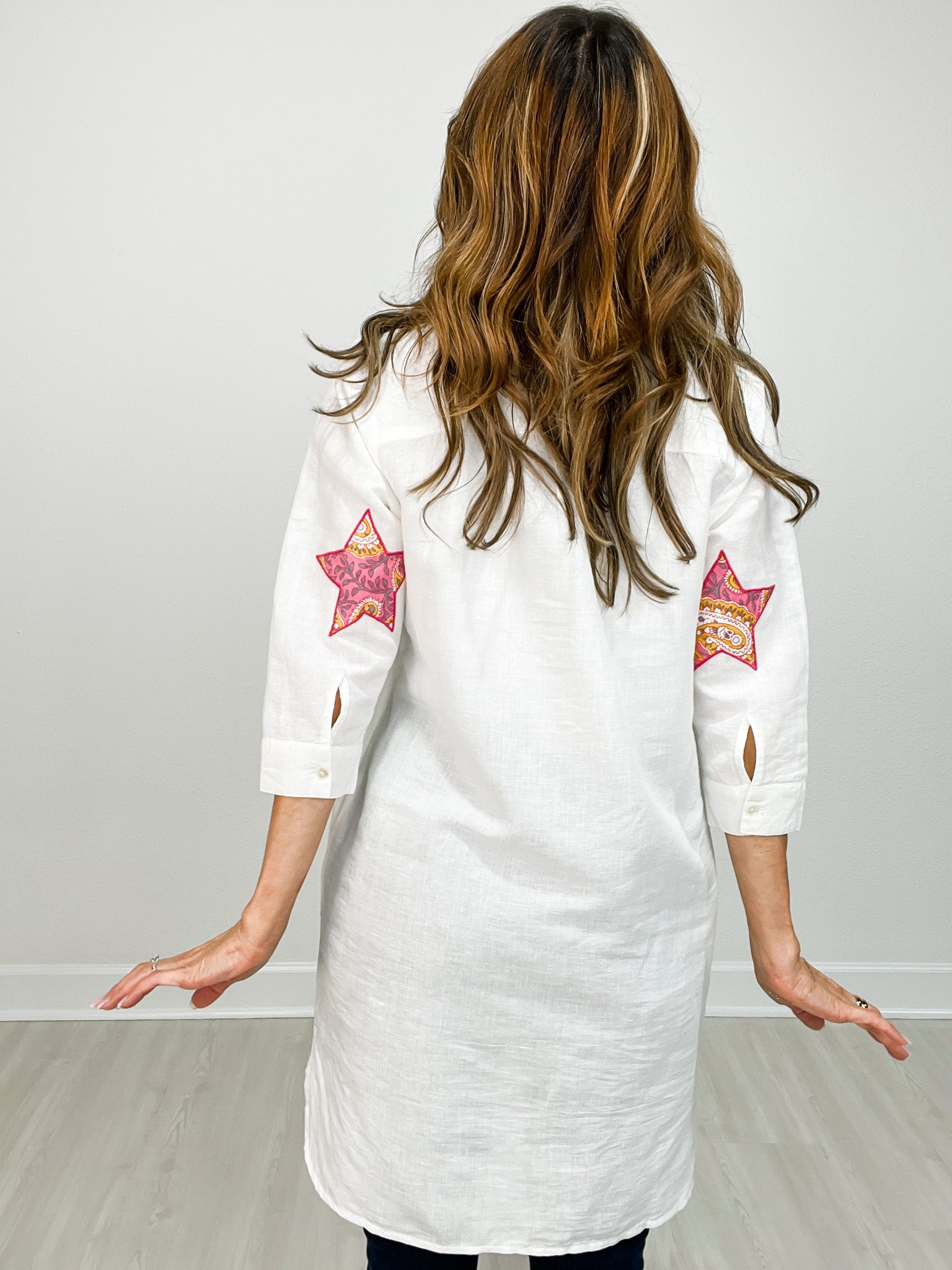 Linen Button Up Collared Tunic Top with Star Patches