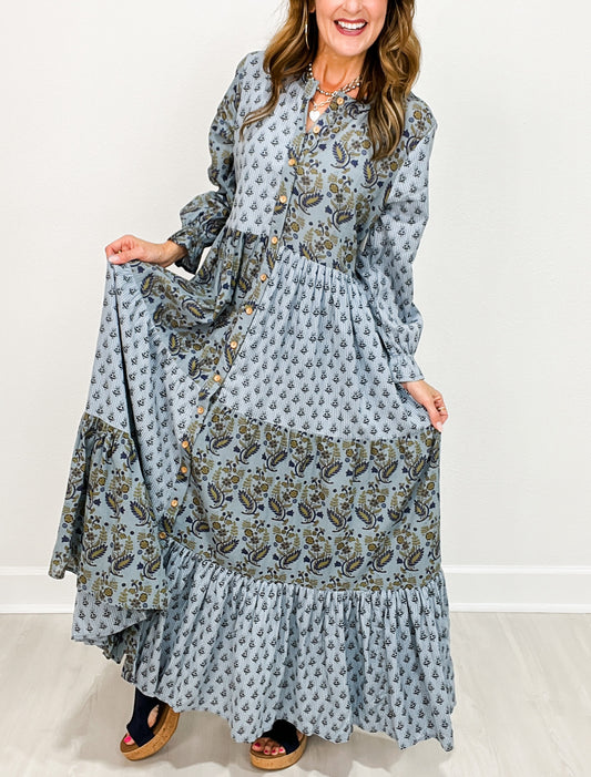 Blue Mixed Media Long Sleeve Dress