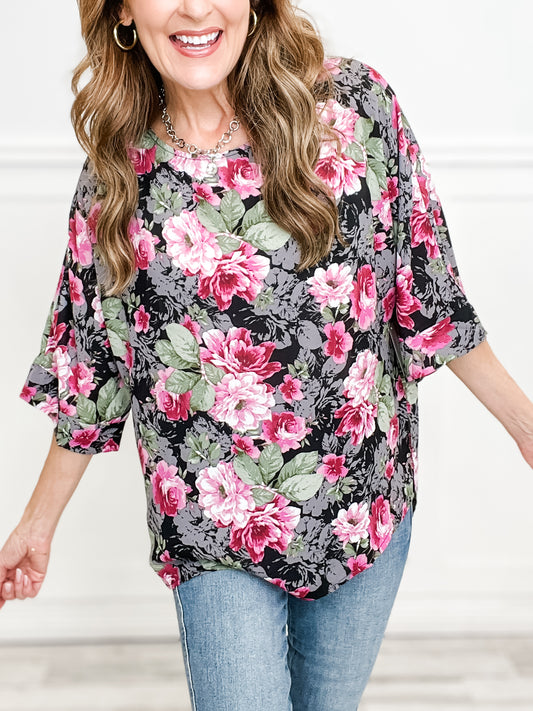 Floral Print Dolman Top with Round Neckline