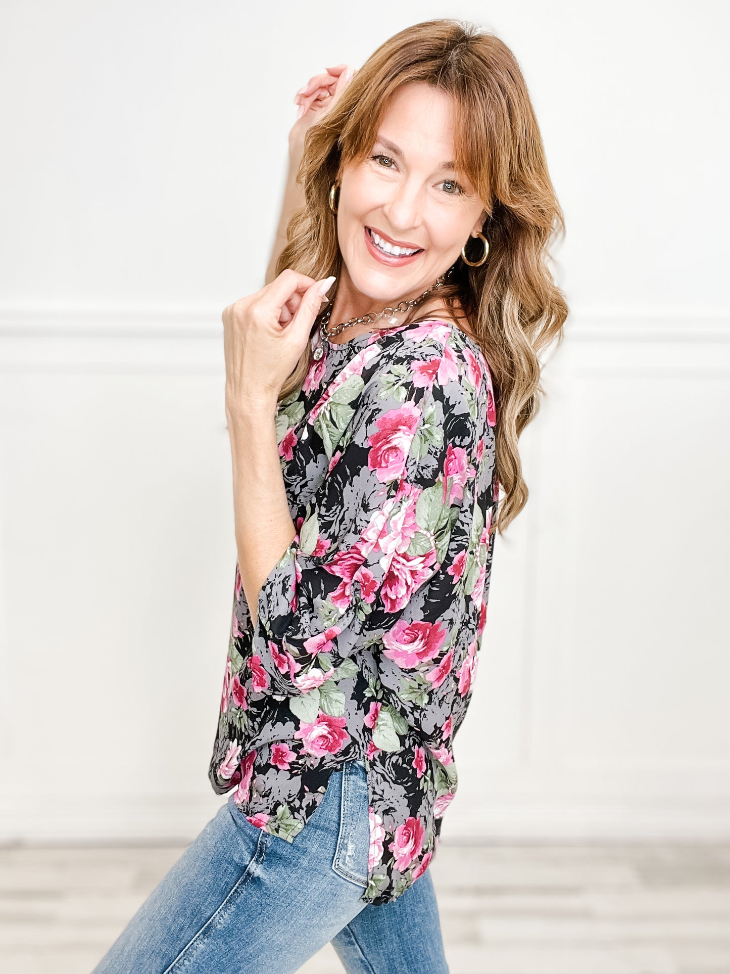 Floral Print Dolman Top with Round Neckline