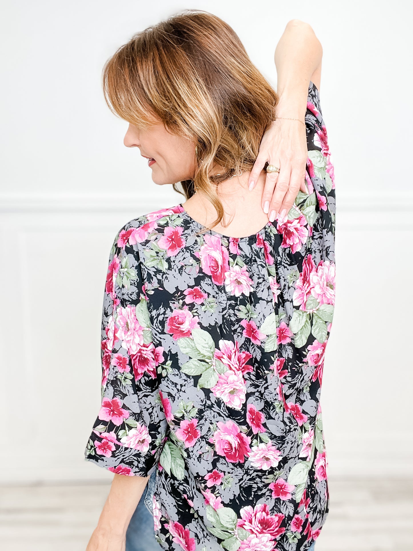 Floral Print Dolman Top with Round Neckline