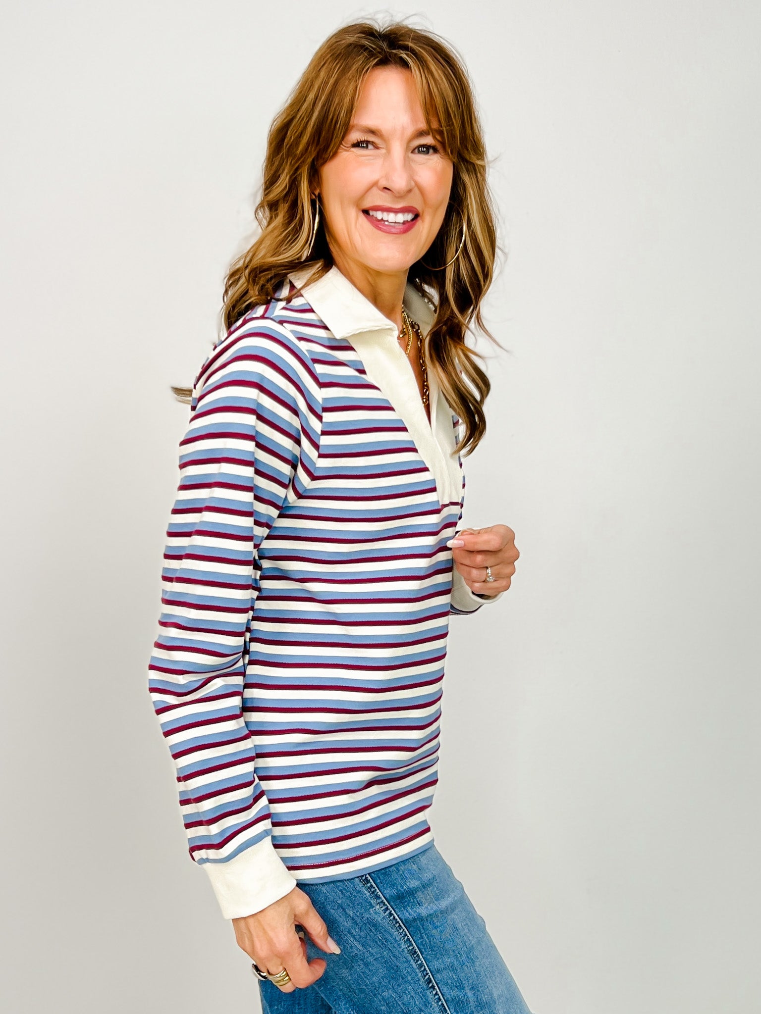 Long Sleeve Solid Ribbed Striped Split Neck Top