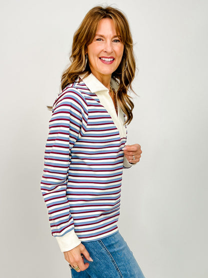 Long Sleeve Solid Ribbed Striped Split Neck Top