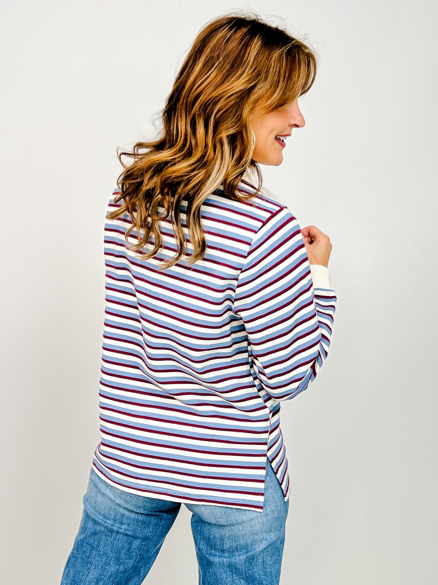 Long Sleeve Solid Ribbed Striped Split Neck Top