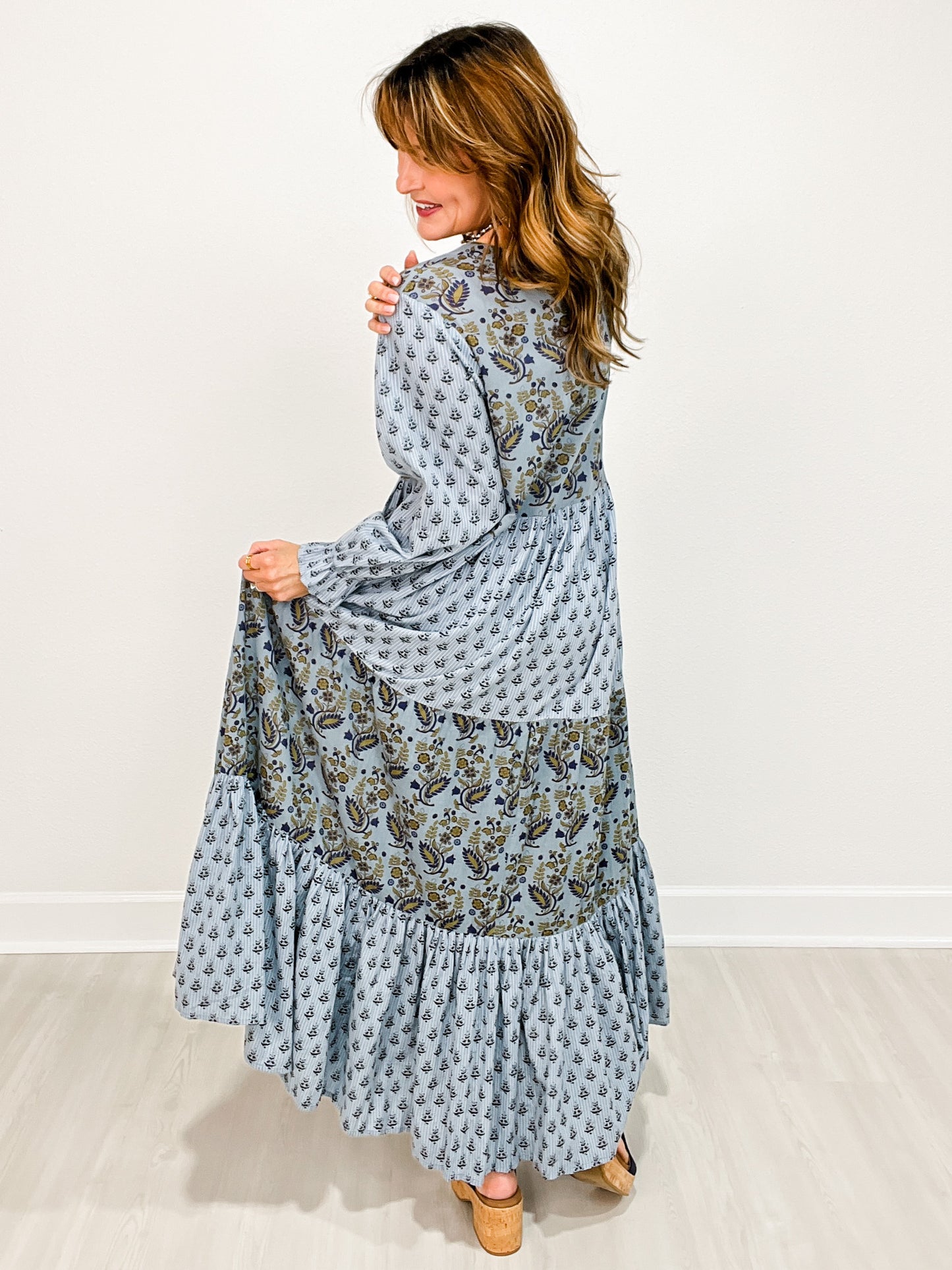 Blue Mixed Media Long Sleeve Dress