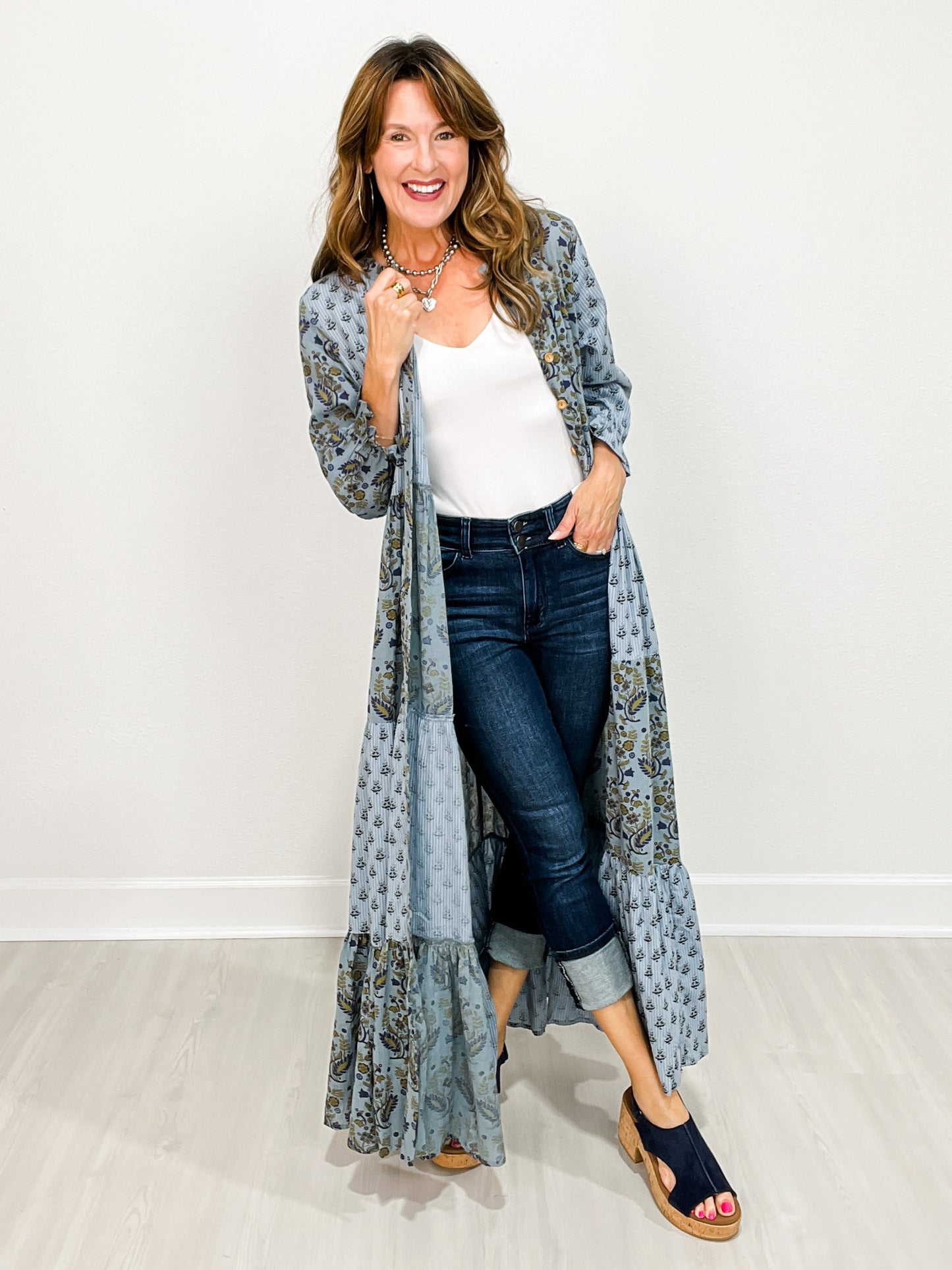 Blue Mixed Media Long Sleeve Dress