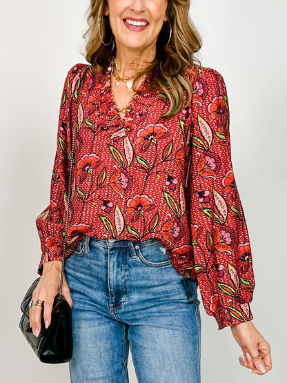 Long Sleeve Smocked Ruffle Neck Floral Top