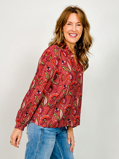 Long Sleeve Smocked Ruffle Neck Floral Top