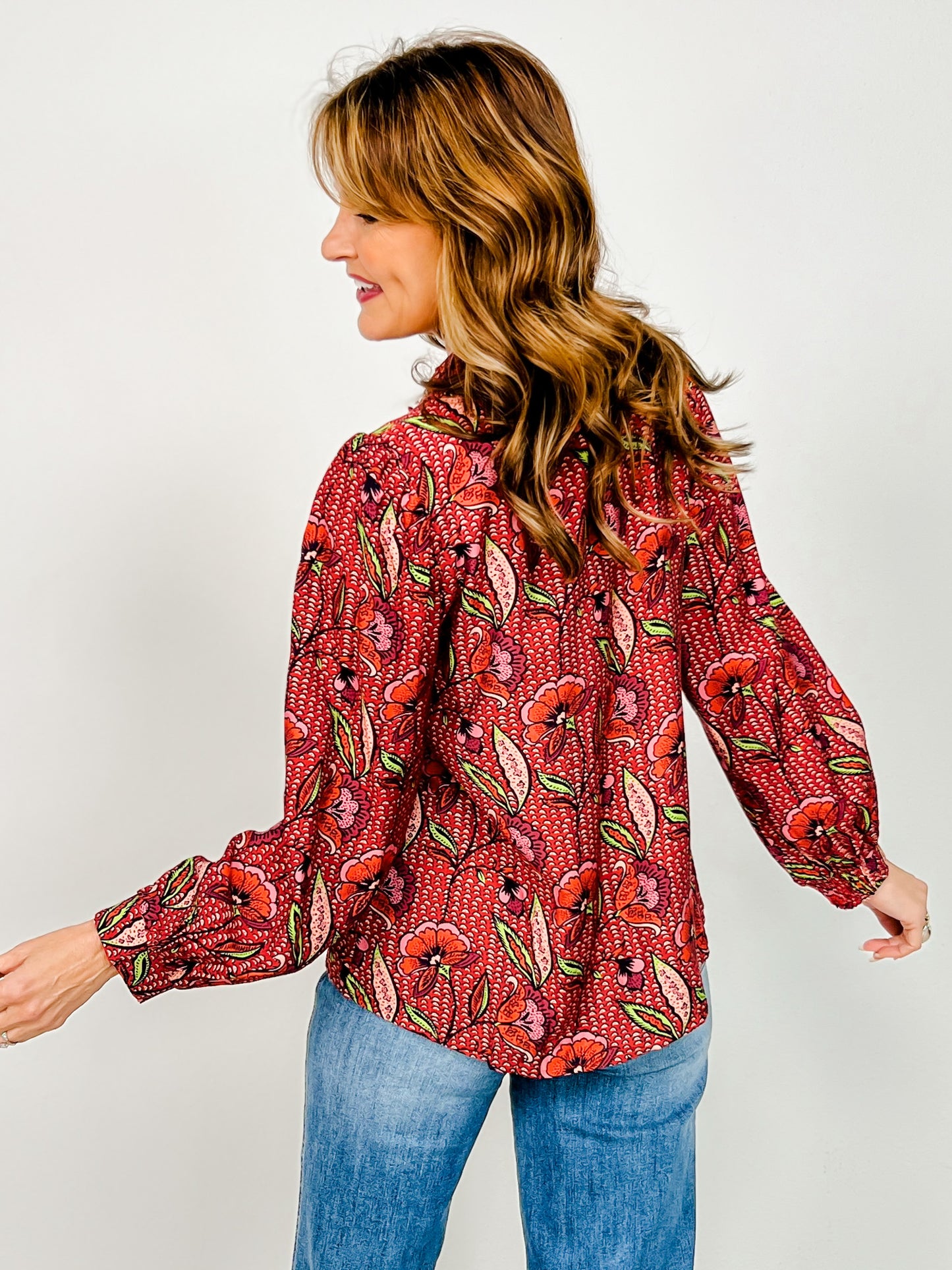 Long Sleeve Smocked Ruffle Neck Floral Top