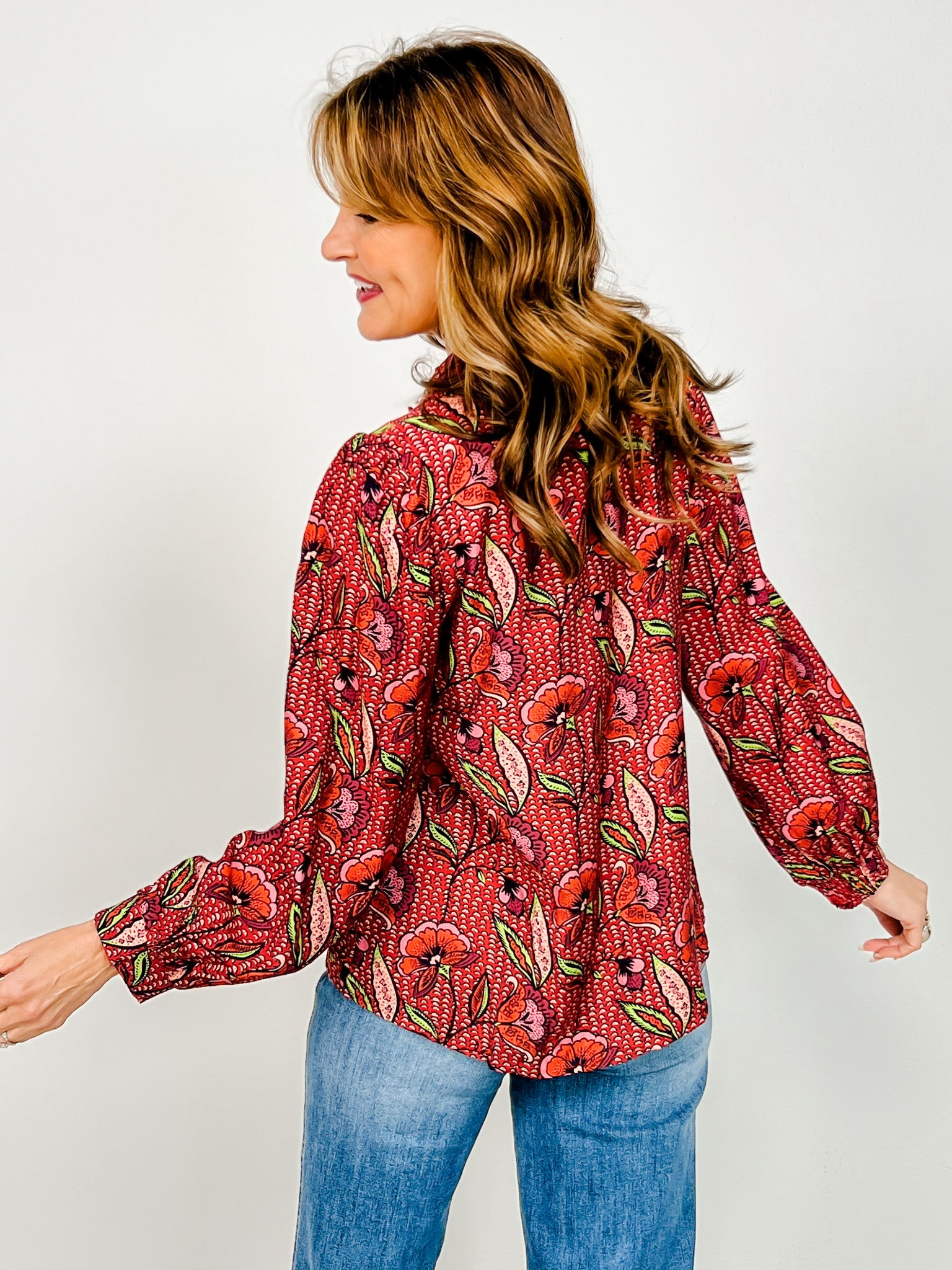 Long Sleeve Smocked Ruffle Neck Floral Top