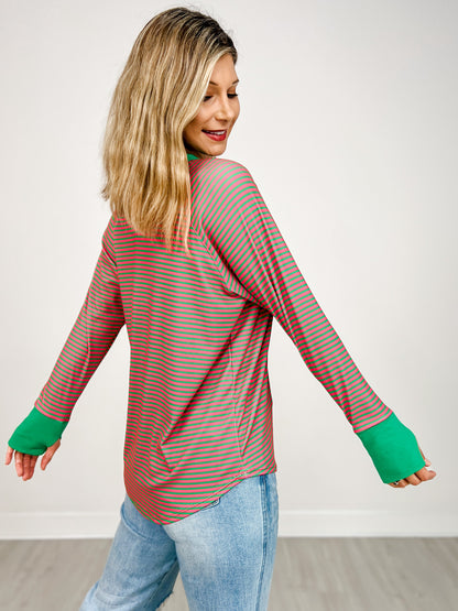 Long Sleeve Round Neck Striped Top