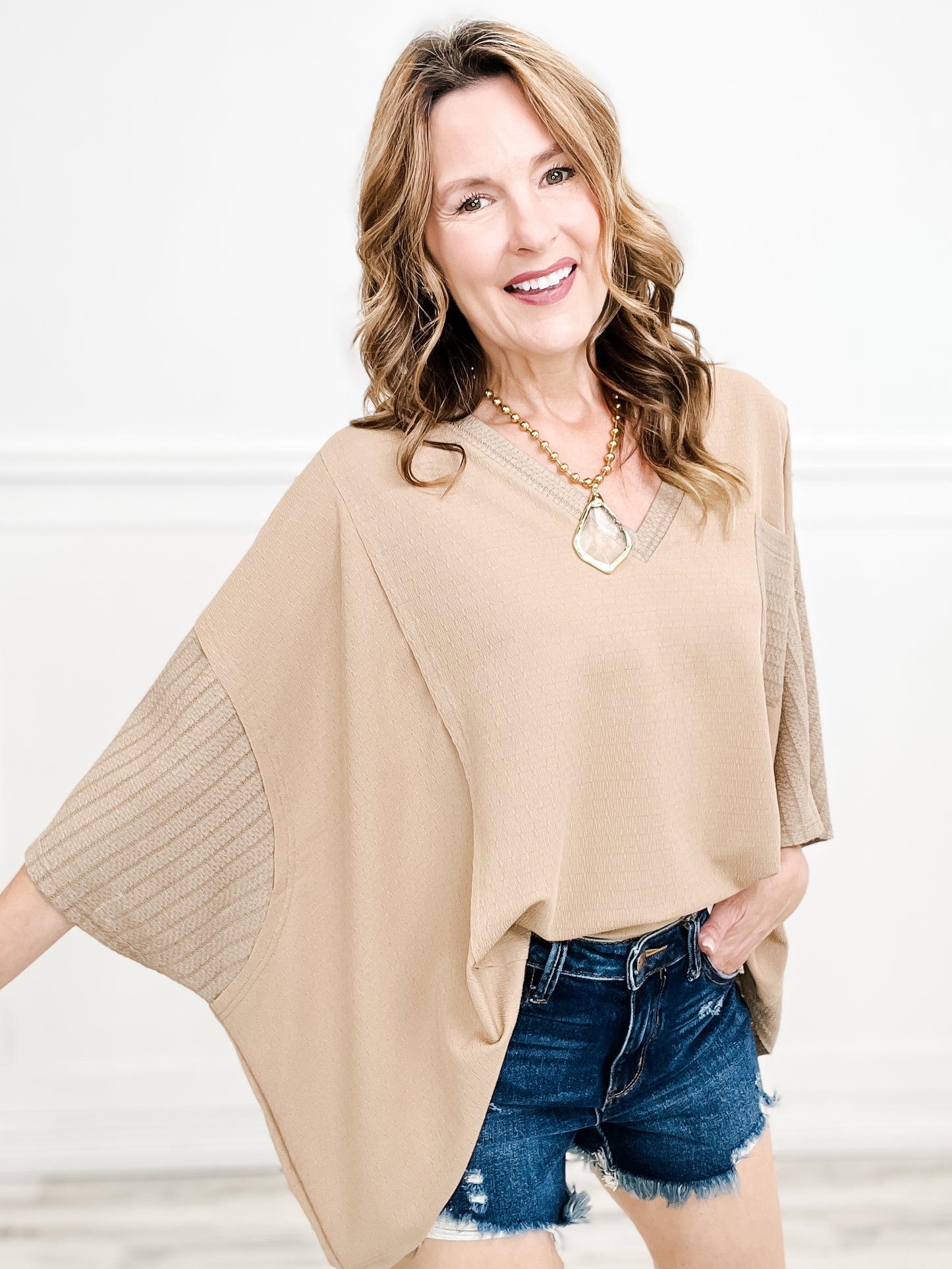 So Cool Textured Knit Oversized V-Neck Easy Top