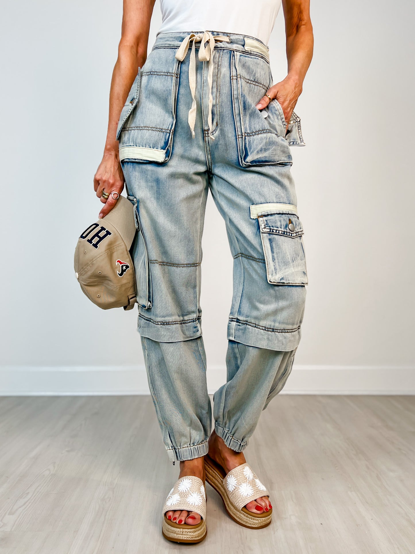 Denim Utility Cargo Pants with Drawstring Waist