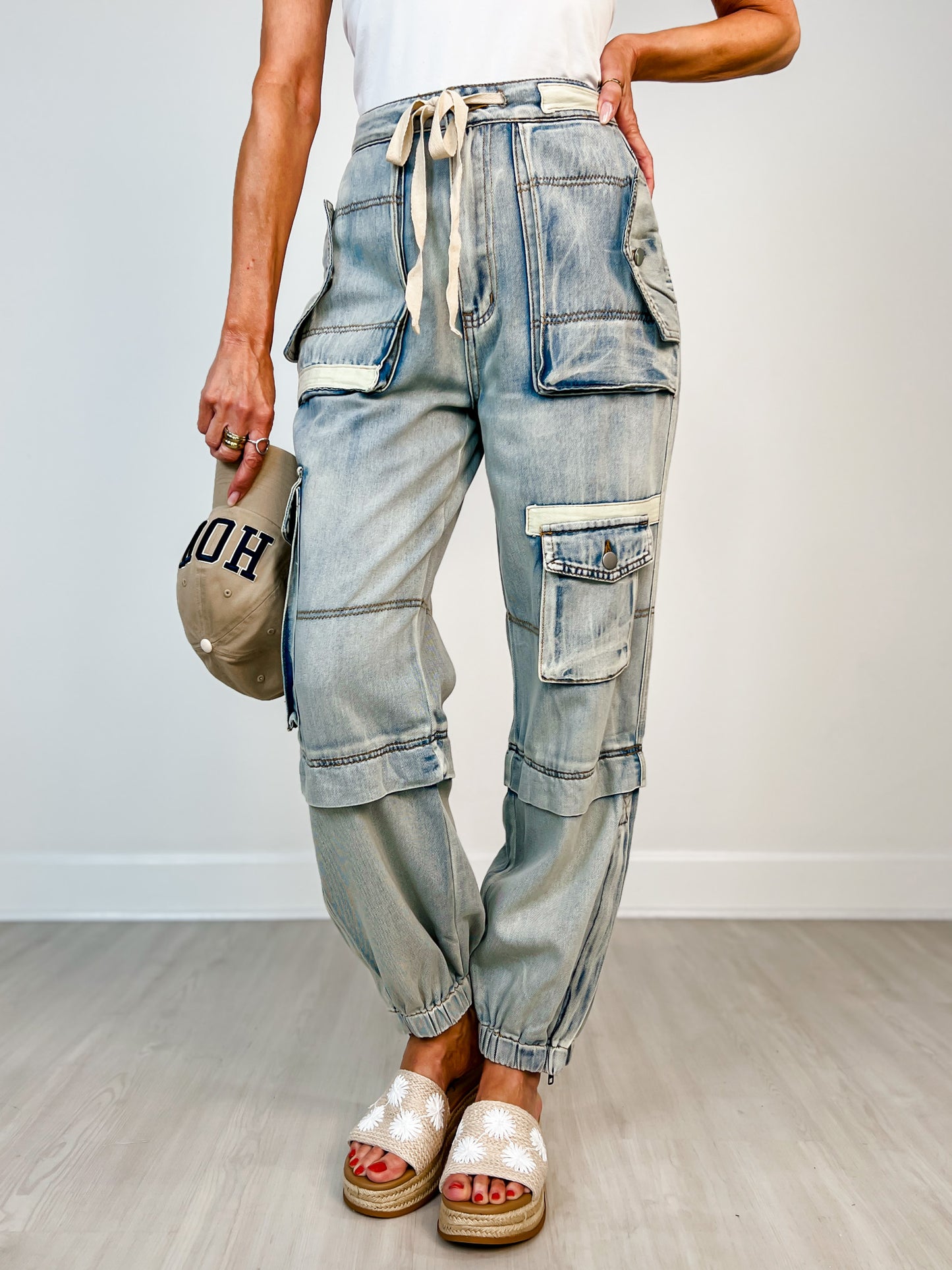 Denim Utility Cargo Pants with Drawstring Waist