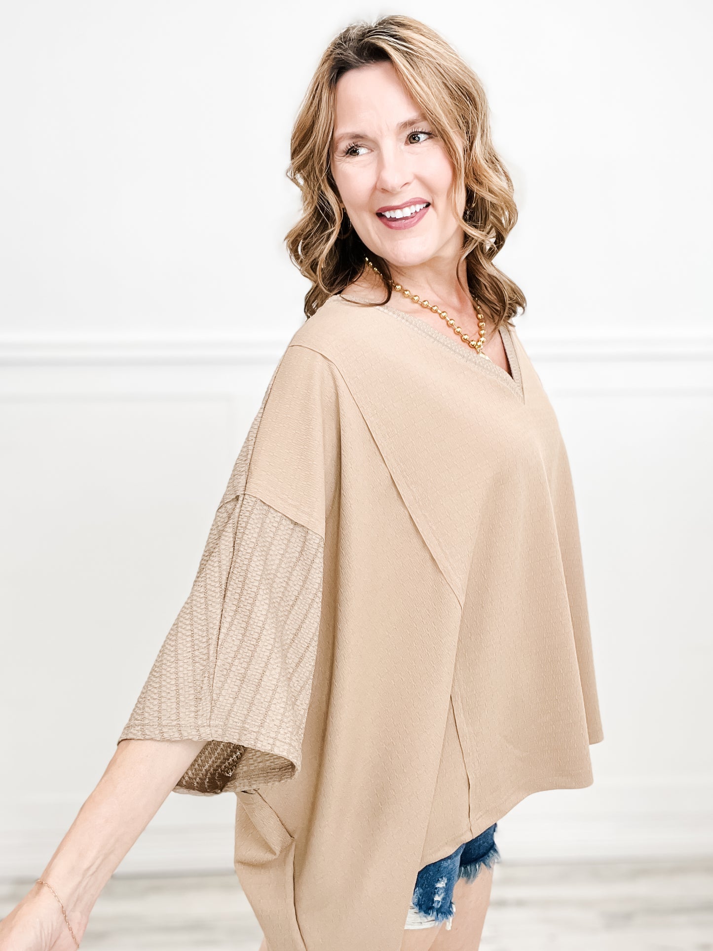 So Cool Textured Knit Oversized V-Neck Easy Top