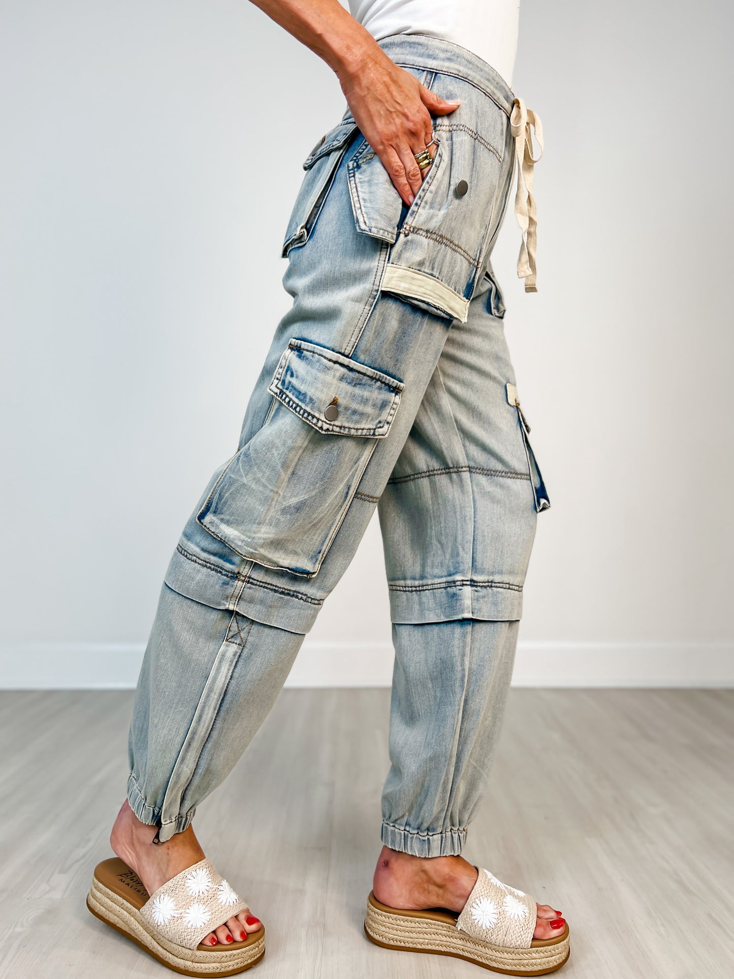 Denim Utility Cargo Pants with Drawstring Waist
