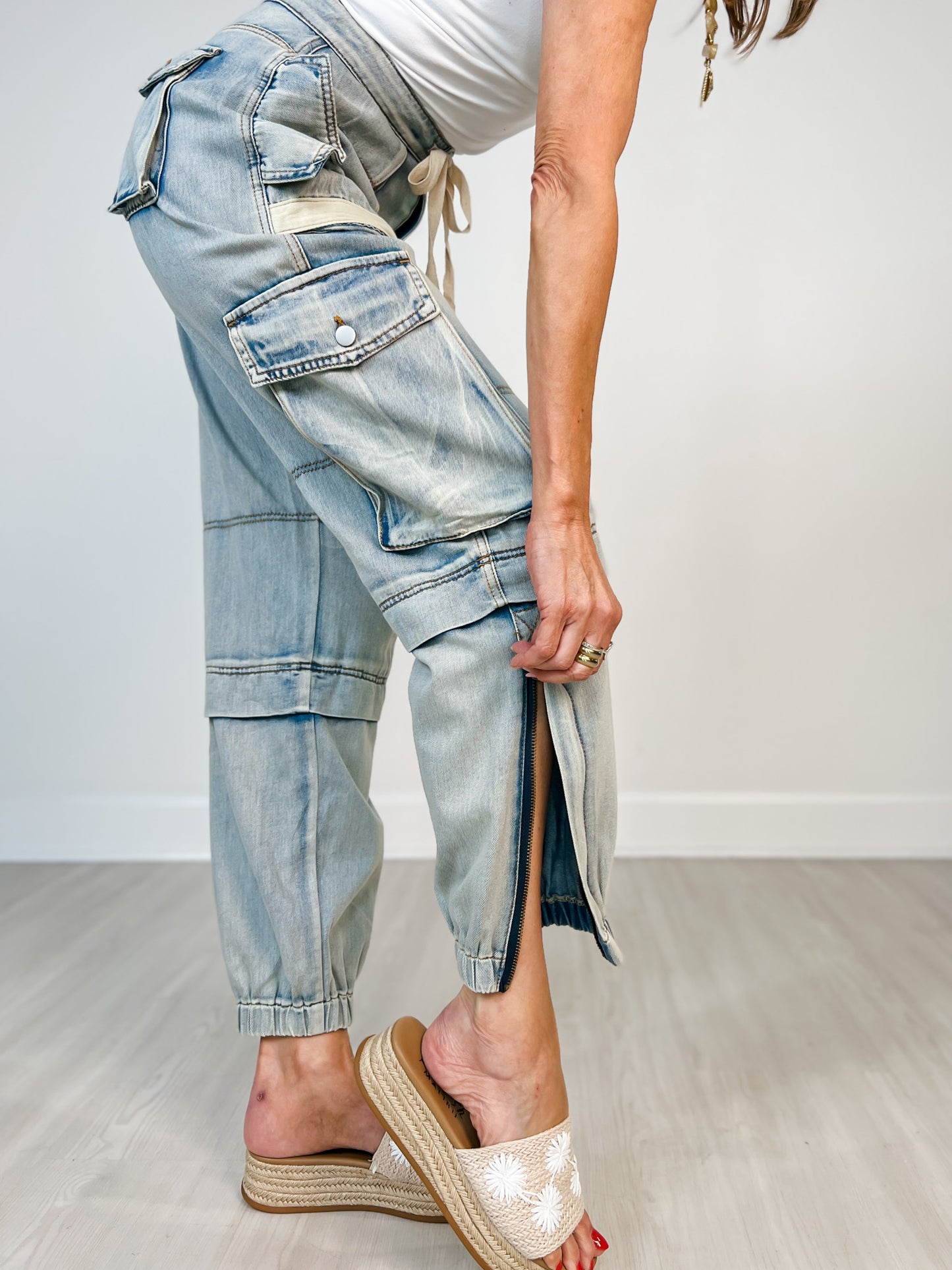 Denim Utility Cargo Pants with Drawstring Waist