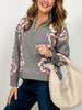 Drop Shoulder Floral Pattern Zip Up Sweater Top