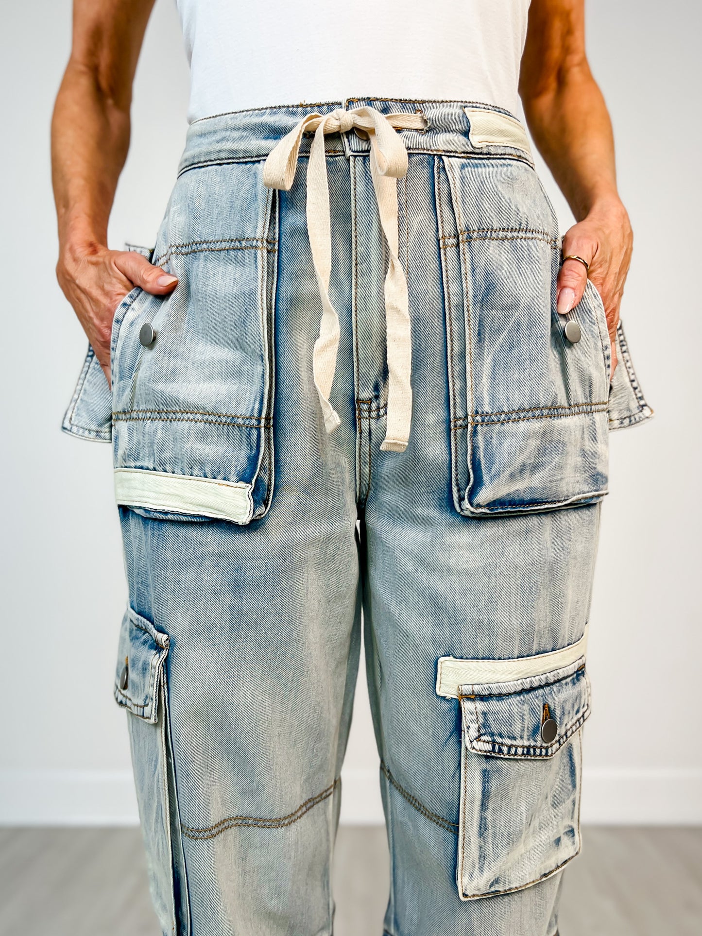 Denim Utility Cargo Pants with Drawstring Waist