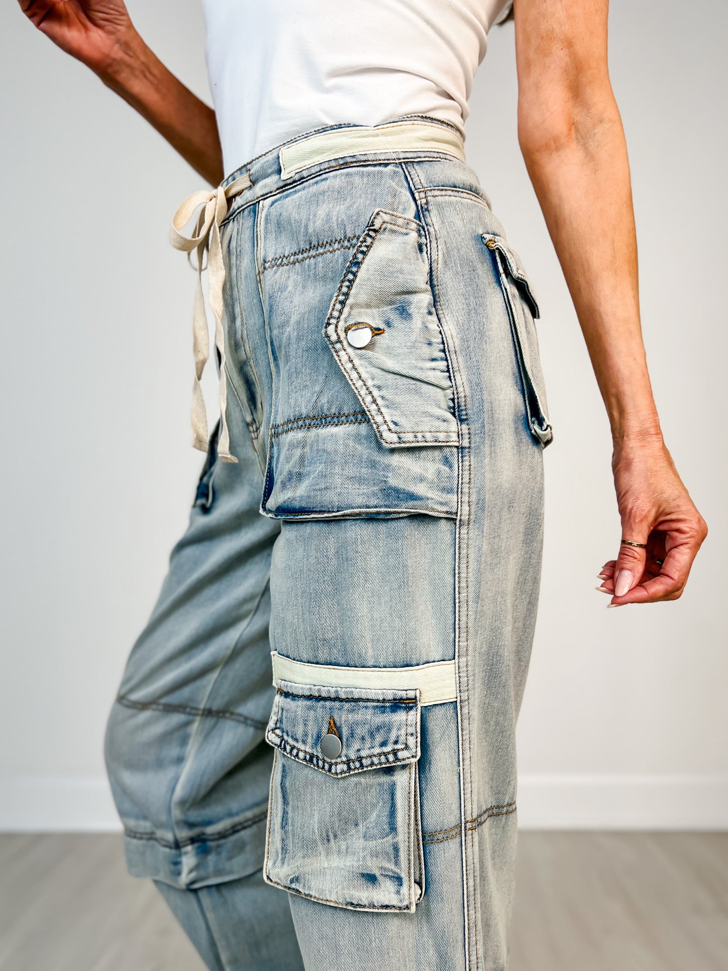 Denim Utility Cargo Pants with Drawstring Waist