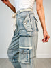 Denim Utility Cargo Pants with Drawstring Waist