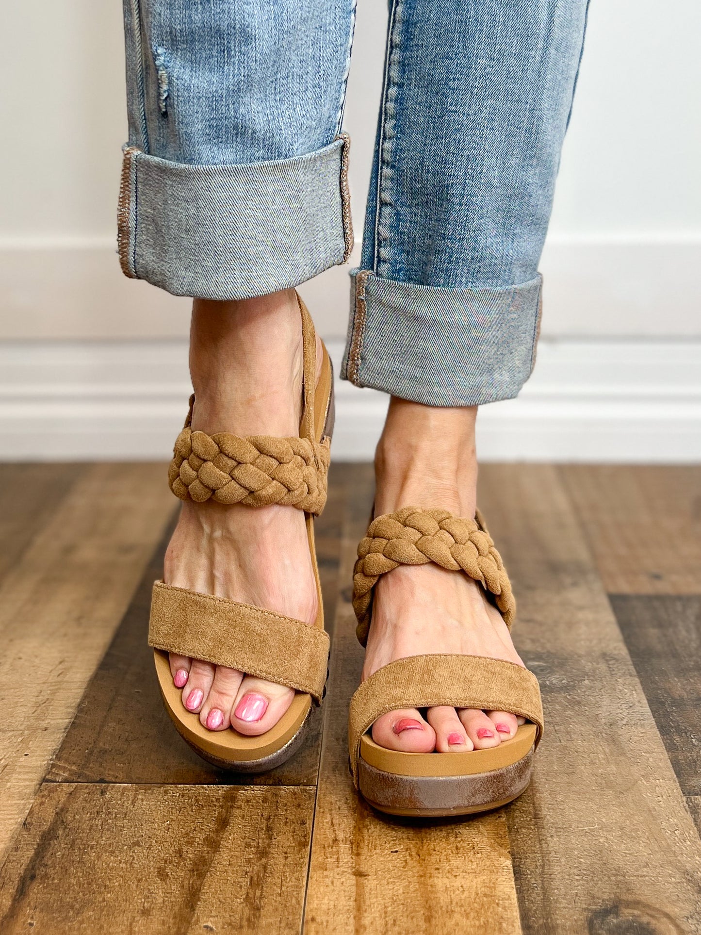 Corkys Pleasant Wedge Sandals in Camel Suede