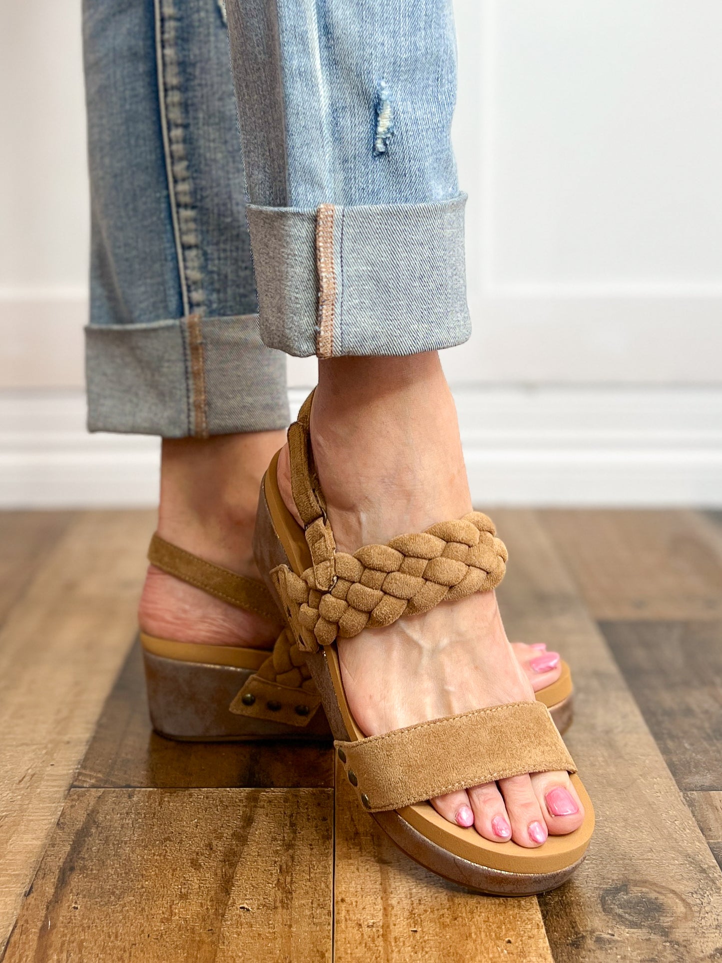 Corkys Pleasant Wedge Sandals in Camel Suede