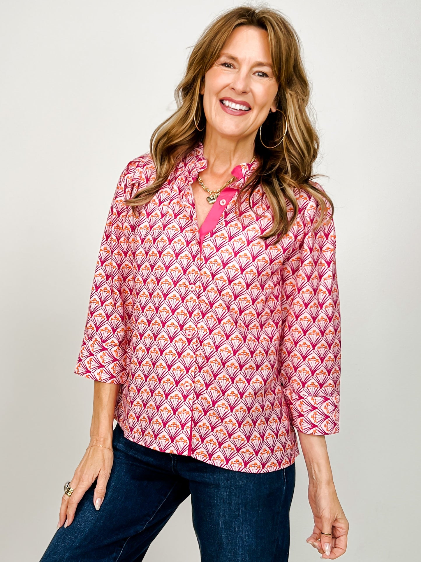 3/4 Sleeve Contrast Accent Boho Floral Top