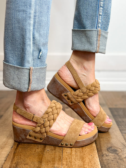 Corkys Pleasant Wedge Sandals in Camel Suede