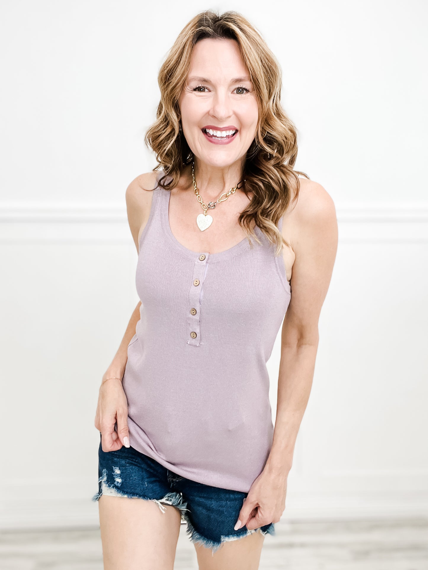 Knit Button Down Solid Henley Tank Top