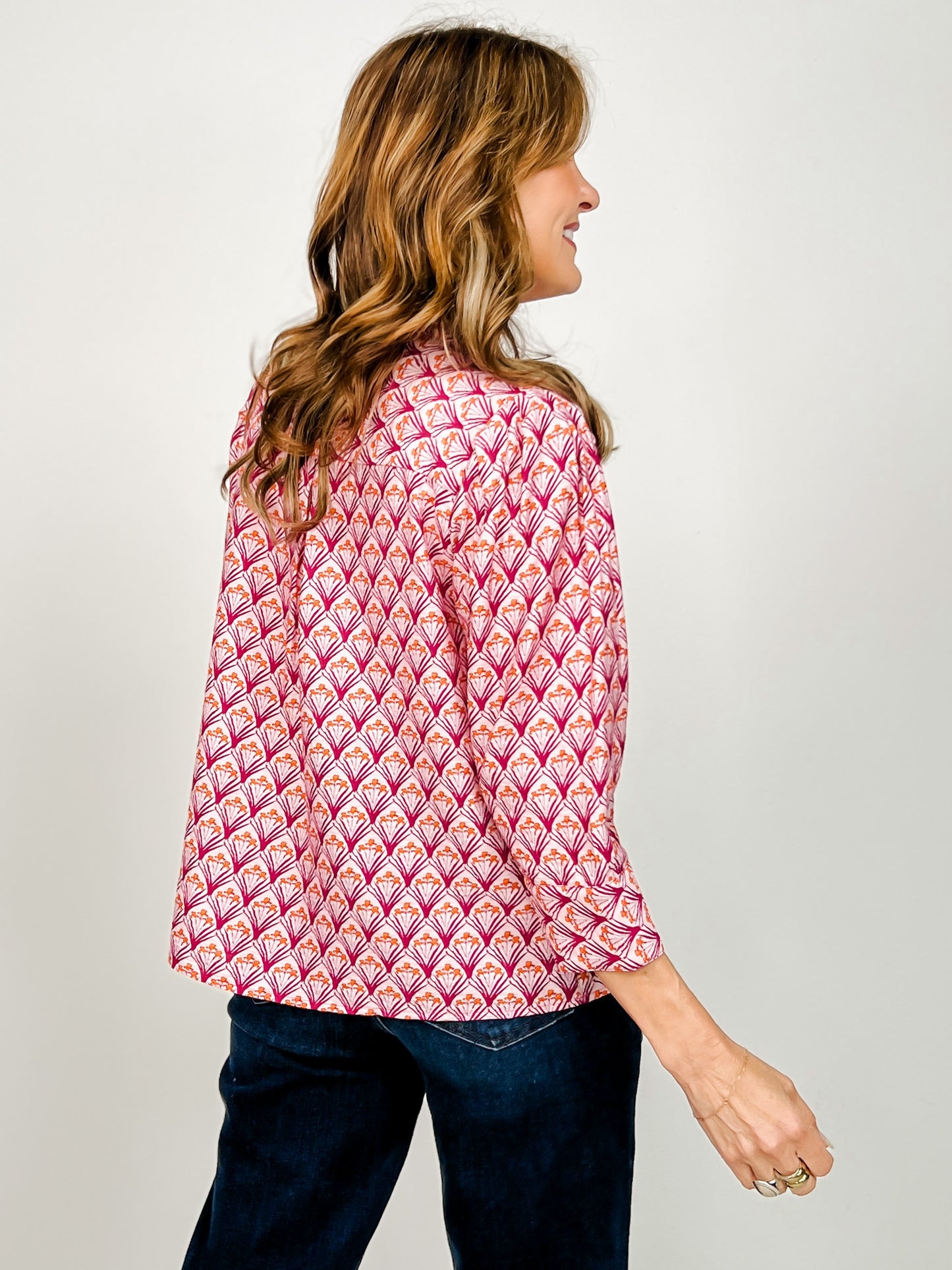 3/4 Sleeve Contrast Accent Boho Floral Top