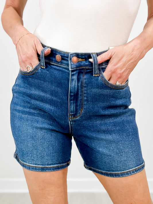 Judy Blue FORTUNE Two Button Mid Length Dad Denim Shorts