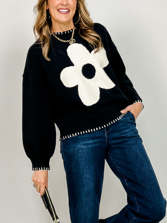 Flower Sweater Top with Stitch Accent Edge