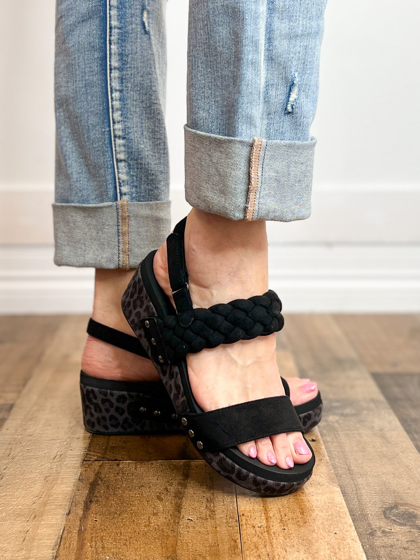 Corkys Pleasant Wedge Sandals in Black Suede