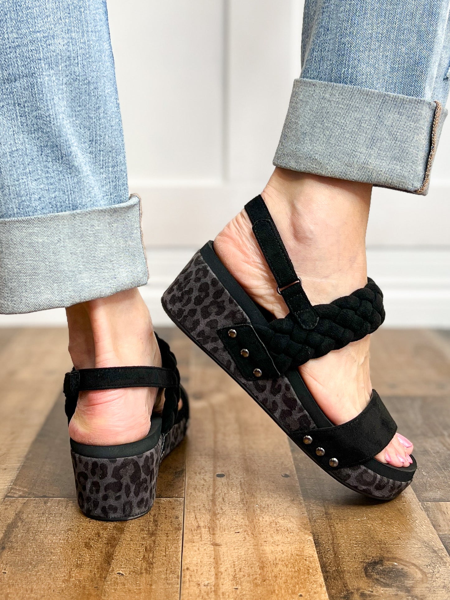 Corkys Pleasant Wedge Sandals in Black Suede