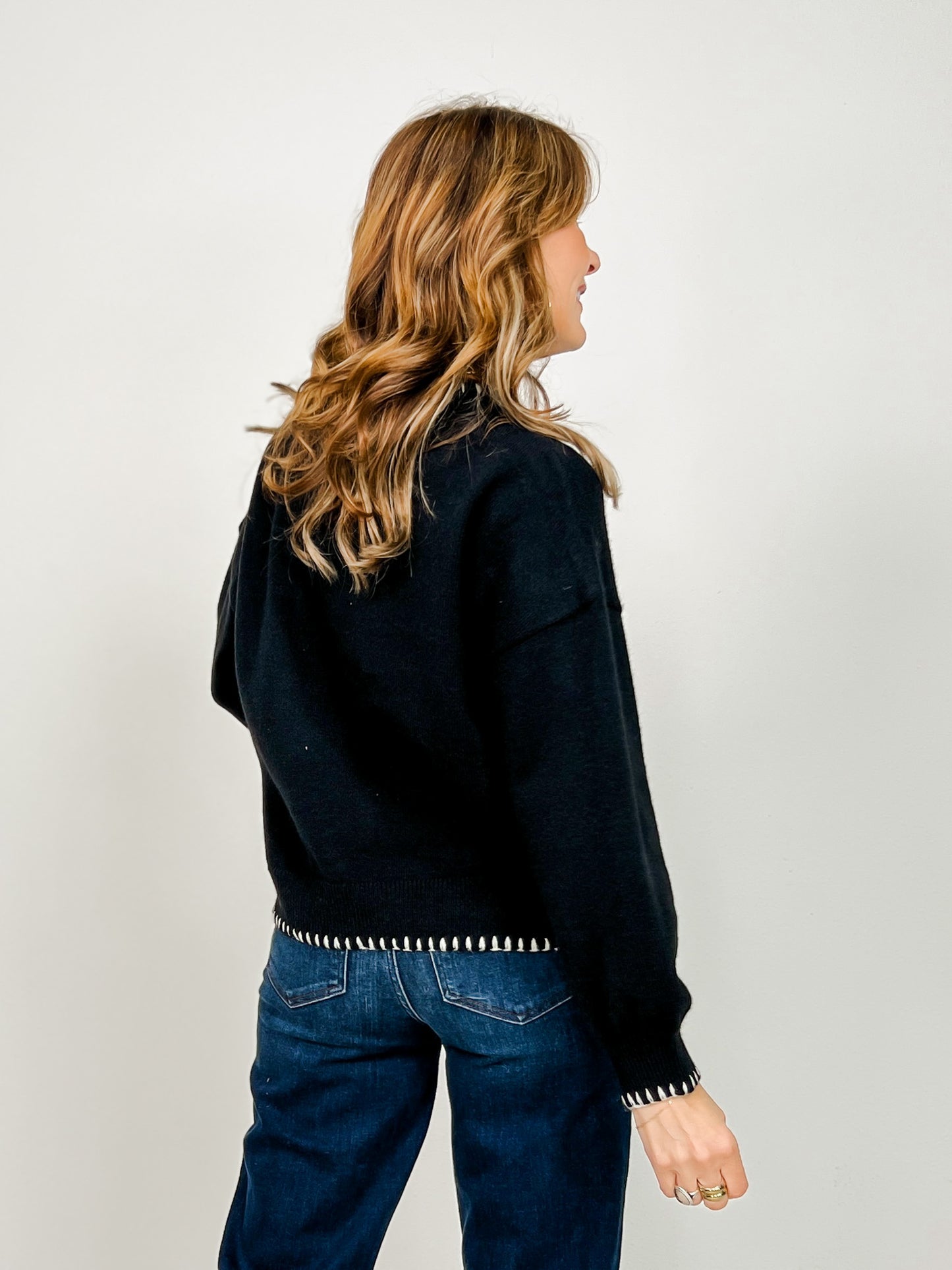 Flower Sweater Top with Stitch Accent Edge