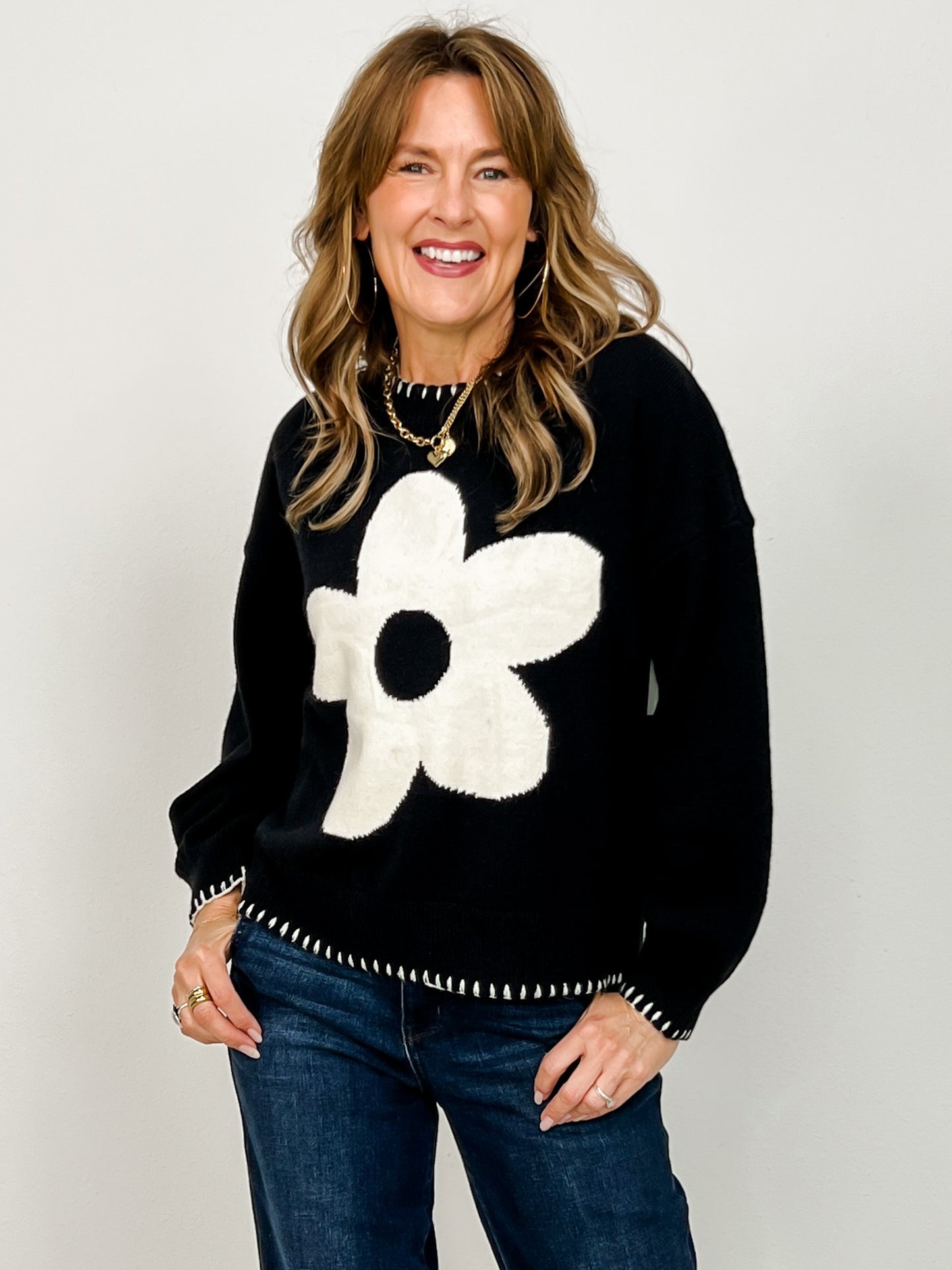 Flower Sweater Top with Stitch Accent Edge